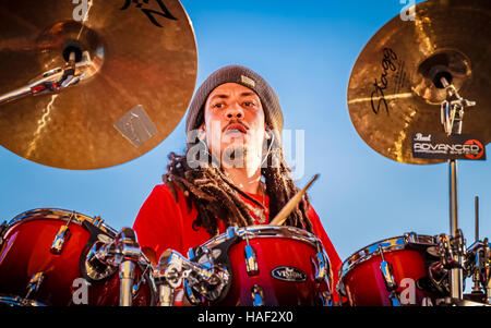 Reading All Steel Percussion Orchestra's (RASPO) drummer performing during the Notting Hill Carnival 2016 street parade. Stock Photo