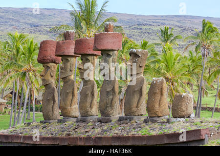 Ahu Nau Nau, Anakana, Easter Island, Rapa Nui, Chile, Isla de Pascua Stock Photo