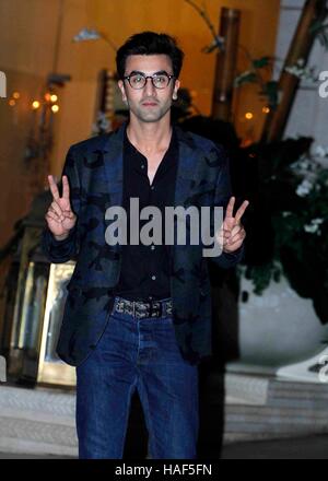 Bollywood actor Ranbir Kapoor arrives at industrialist Mukesh Ambani residence Antilia meeting club owners ISL Mumbai India Stock Photo