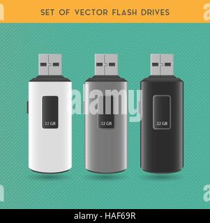 Set Of Vector White, Gray And Black Flash Drives On A Gray Background Stock Vector