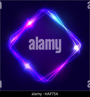 Neon sign. Square glowing light banner with blank space. Electric rectangle frame on dark blue background. Neon right-angled background with flares and sparkles. Vintage vector illustration. Stock Vector