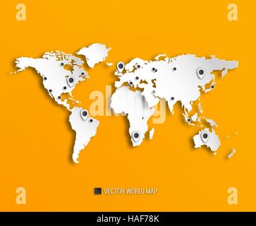 3D World Map With Shadows And Marks On A Bright Orange Background Stock Vector
