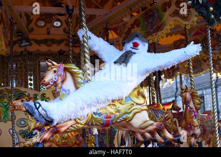 An actor plays The Snowman during a photo call at the Natural History Museum for the theatre production of The Snowman, running at the Peacock Theatre in London. Stock Photo