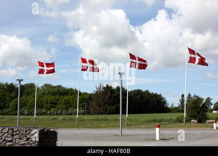 Danish flags waving in the wind on the island Bornholm. Denmark