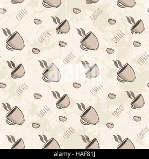 Seamless Abstract Grunge Pattern With Cup Of Coffee And Coffee Beans Stock Vector