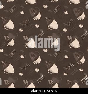 Seamless Abstract Grunge Pattern With Cup Of Coffee And Coffee Beans Stock Vector