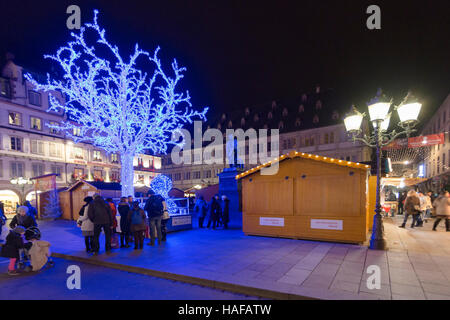 Christmas market and Blue tree of tradesmen of Strasbourg, Place Gutenberg, Alsace, bas Rhin,France Stock Photo