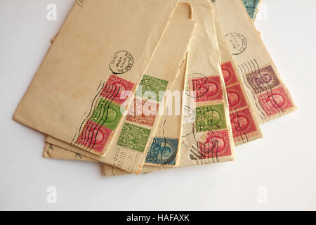 pile of old letters, envelopes post stamps Stock Photo