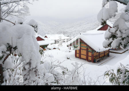 Wonhyosa, Buddhist temple in Mudeungsan national park, covered with snow in South Korea Stock Photo