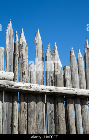 In a replica viking village, made for movie productions near Hofn, Iceland, this wood fence lined the outside of the village. all posts are sharpened Stock Photo