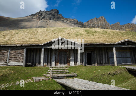 This long-house was created on an entire viking village film set for a production that was never filmed. Everthing about the village looks authentic a Stock Photo