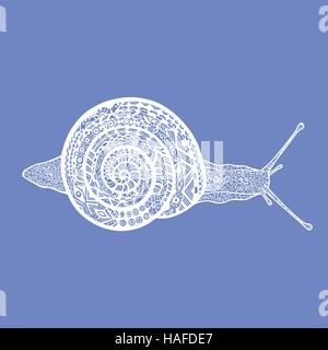 Hand drawn white doodle snail on blue background. Vector snail in zentangle style Stock Vector