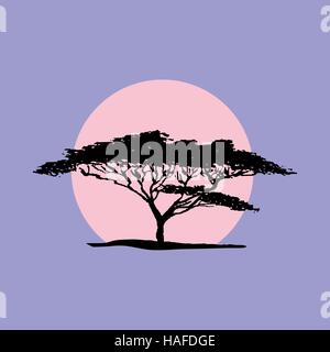 Vector silhouette of acacia tree in safari sunset background. African flora Stock Vector