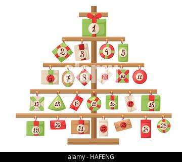Christmas Advent Calendar with Santa Claus, reindeer, snowman and gift Advent calendar with Christmas elements poster, vector illustrations. Stock Vector