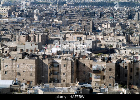 The view over Aleppo from the citadel, a large medieval fortified palace, before the civil war. Stock Photo