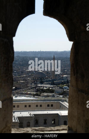 The view over Aleppo from the citadel, a large medieval fortified palace, before the civil war. Stock Photo