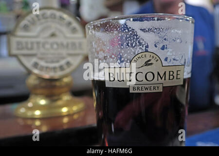 Close-up of Butcombe bitter in Somerset, a concept image for hospitality relief intended to help reduce pub closures in south west England. Stock Photo