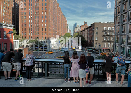 View of W 23rd Street towards London Terrace apartments from the High Line walkway in Manhattan, New York, United States. Stock Photo