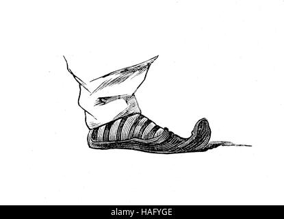shoe fashion of the past, a shoe from Turkey, Middle Ages or earlier, woodcut from the year 1880 Stock Photo