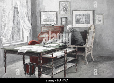 Otto Eduard Leopold, Prince of Bismarck, Duke of Lauenburg, 1 April 1815 - 30 July 1898, known as Otto von Bismarck, was a conservative Prussian statesman, here in his office in Berlin, Friedrichsruh, Germany, woodcut from the year 1880 Stock Photo