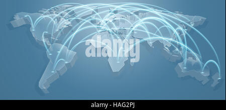 A 3d blue world map background concept with flight paths or routes Stock Photo