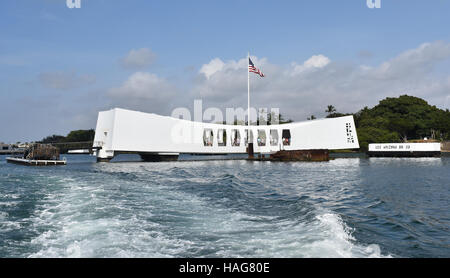 FILE - A file picture dated 23 April 2015 shows the memorial to the USS Arizona at Pearl Harbour, Hawaii, USA. The ship was sunk when Japan attacked the harbour on 07 December 1941, destroying part of the US Pacific Fleet. Photo: Chris Melzer/dpa Stock Photo