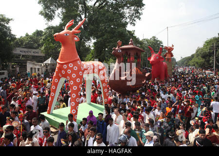 April 14, 2016 - Dhaka, Bangladesh - (FILE) The file picture dated 14 April 2016 shows Bangladeshi people during a colourful Mangal Shobhajatra festival to celebrate Pahela Baishakh, the first day of the first month of Bangla calendar year 1423, at the Charukola Institute in Dhaka, Bangladesh. The UNESCO added the Mangal Shobhajatra festival on Pahela Baishakh among other new items to the safeguarding intangible cultural heritage list during their 11th session in Addis Ababa, Ethiopia, that runs from 28 November to 02 December. Photo: Monirul Alam (Credit Image: © Monirul Alam via ZUMA Wire) Stock Photo