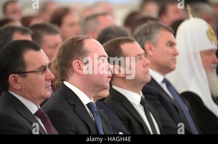 Moscow, Russia. 01st Dec, 2016. Russian Prime Minister Dmitry Medvedev listens to President Vladimir Putin deliver his annual state of the nation address in the Kremlin December 1, 2016 in Moscow, Russia. Sitting with Medvedev are (L-R): First Deputy Speaker of the Federation Council Nikolai Fyodorov, Head of the Presidential Executive Office Anton Vaino, Prime Minister Dmitry Medvedev, State Duma Speaker Vyacheslav Volodin and Orthodox Patriarch Kirill. Credit:  Planetpix/Alamy Live News Stock Photo