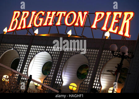 Brighton. East Sussex, UK. 30th Nov, 2016. Illuminated sign for Brighton Pier Brighton Pier Group PLC, which was bought in April this year by Pizza Express entrepreneur Luke Johnson for £18million, holds its AGM today, December 1. Credit:  Luke MacGregor/Alamy Live News Stock Photo