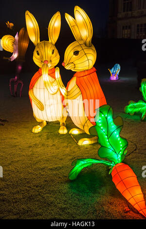 Longleat, Warminster, Wiltshire, UK. 1 December 2016. Christmas Festival of Light at Longleat to celebrate the Safari Park's 50th anniversary with the theme of Beatrix Potter.  Crowds flock to see the lights on a bitter cold evening. bunny rabbits in the garden Credit:  Carolyn Jenkins/Alamy Live News Stock Photo