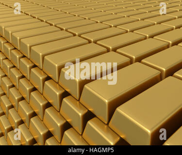 3D illustartion of thousands of gold bullion bars piled high representing enormous weath or assets. Stock Photo
