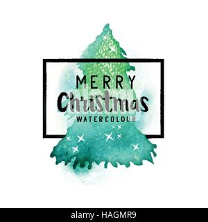 Watercolour Christmas Tree with Merry Christmas text and border. Vector illustration. Stock Vector