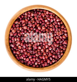 Red adzuki beans in wooden bowl, also called azuki, aduki or Red Mung Bean. Dried small beans of Vigna angularis. Isolated macro