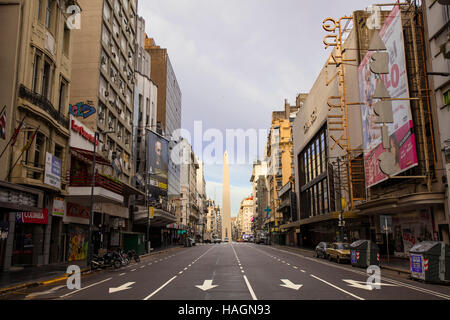 The Obelisk view in early morning from Avenida Corrientes. Buenos Aires, Argentina. Stock Photo