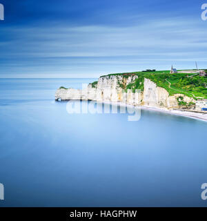 Etretat cliff, rocks, natural arch landmark and blue ocean. Aerial view. Normandy, France, Europe. Stock Photo