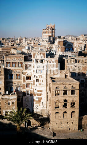 view of central sanaa  city old town skyline traditional buildings in yemen Stock Photo