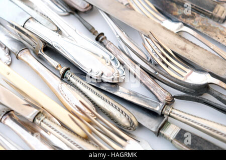 old cutlery, vintage flatware, beautiful silver fork and knife Stock Photo