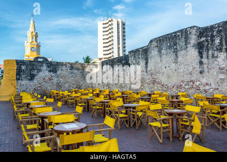 Outdoor seating area near the Clock Tower Gate in the colonial city of Cartagena, Colombia Stock Photo