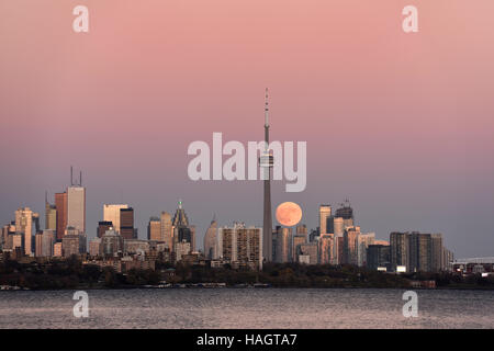 Supermoon of November 13 2016 rising over Toronto city skyline Stock Photo