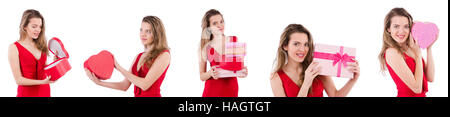 Pretty girl holding gift box isolated on white Stock Photo