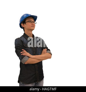 Asian architect or engineer looking upward, with clipping path, isolated on white background, industry or architect or engineering concept, young and Stock Photo
