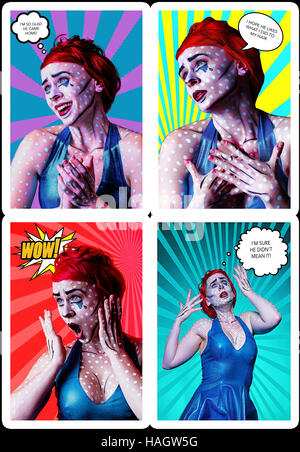 Four panel comic strip in the pop art style of Lichtenstein featuring red headed woman with white dots on skin and blue dress Stock Photo