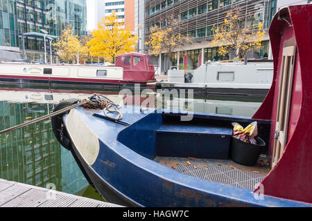 A view of the narrowboats moored up in Grand Union Canal at Paddington Basin, Paddington, London, UK Stock Photo