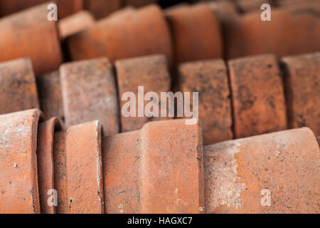 A stack of used clay pots in the garden Stock Photo