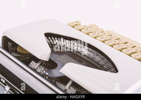 A once upon a time typed words on paper by a manual typewriter with mechanical components, Vintage tone. Stock Photo