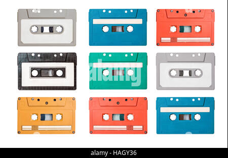 collection of retro cassette tapes on white background Stock Photo