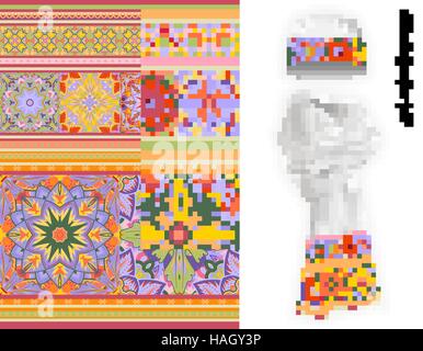Vector ethnic border set. Light bright colors mandala flowers pattern. Floral decorative border on white warm knitted cap and scarf mock up. Stock Vector
