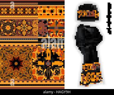 Vector ethnic border set. Bright orange black colors mandala flowers pattern. Floral decorative border on black warm knitted cap and scarf mock up. Stock Vector