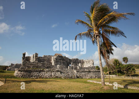Ruins of Tulum, the pre-Columbian Mayan walled city serving as a major port for Cobá. Playa del Carmen, Yucatán Peninsula, Mexico. Stock Photo