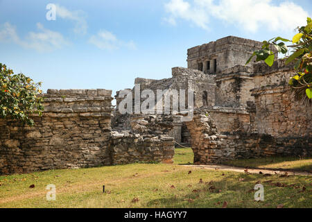 Ruins of Tulum, the pre-Columbian Mayan walled city serving as a major port for Cobá. Playa del Carmen, Yucatán Peninsula, Mexico. Stock Photo
